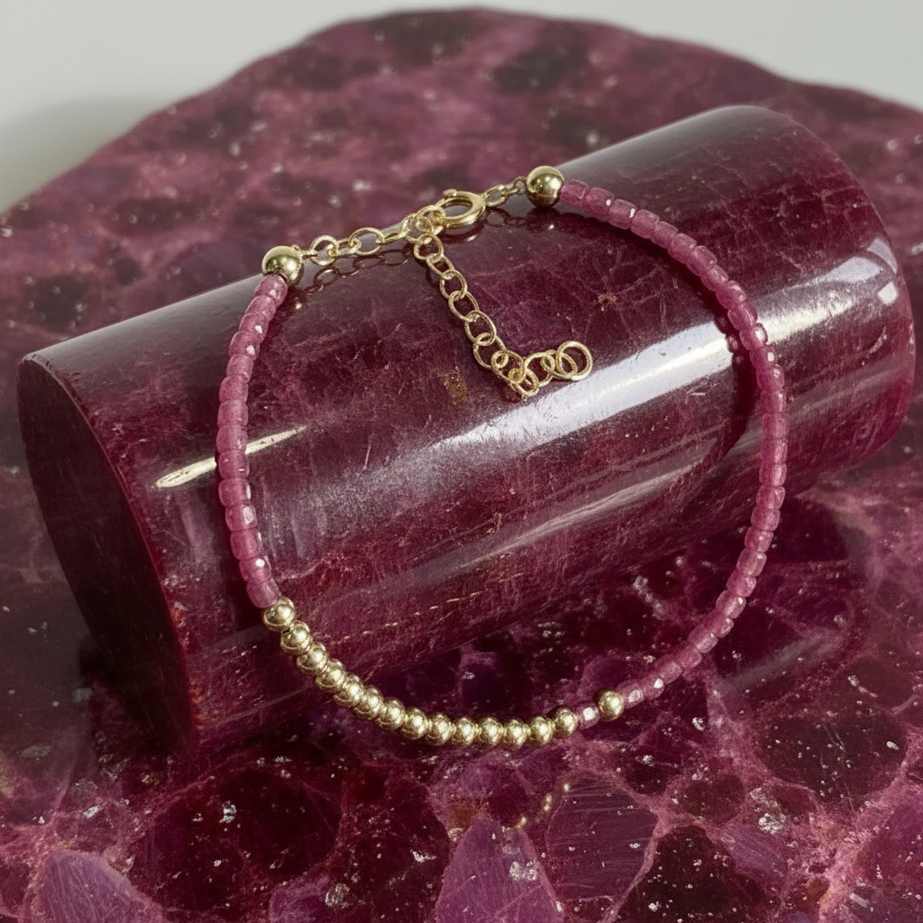 Natural Ruby Crescent Moon Bracelet 14ct Gold Filled