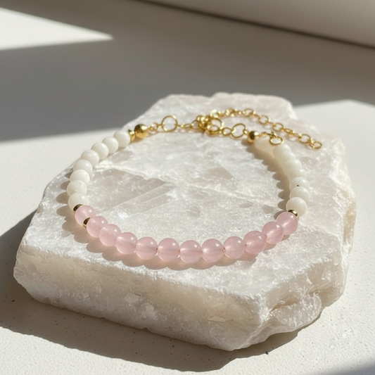 Rose Quartz, Mother of Pearl, 14ct Gold Filled Bracelet